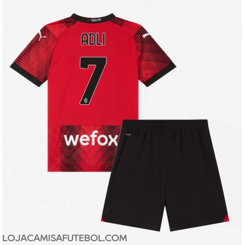 Camisa de Futebol AC Milan Yacine Adli #7 Equipamento Principal Infantil 2023-24 Manga Curta (+ Calças curtas)